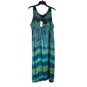 Maggie Barnes Plus Size 26W Maxi Dress Teal Paisley Boho Sleeveless Chiffon, NWT